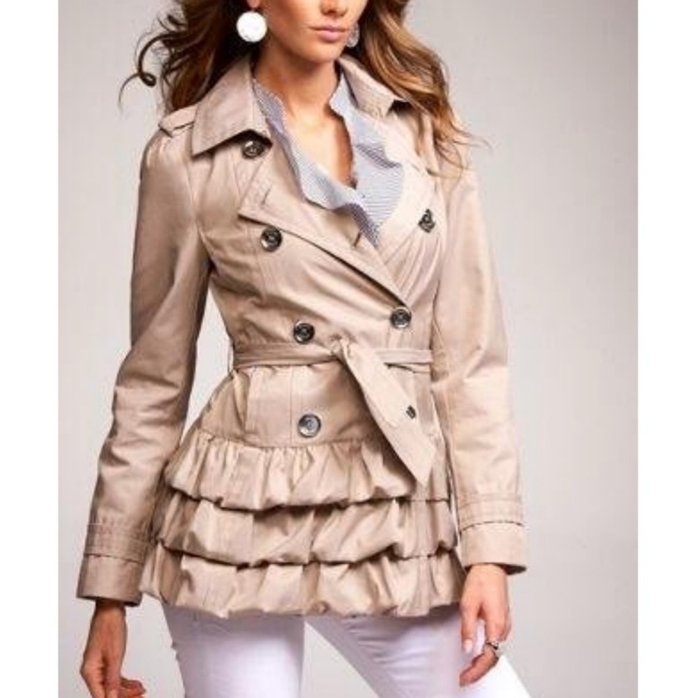 Express Ruffled White Trench Coat